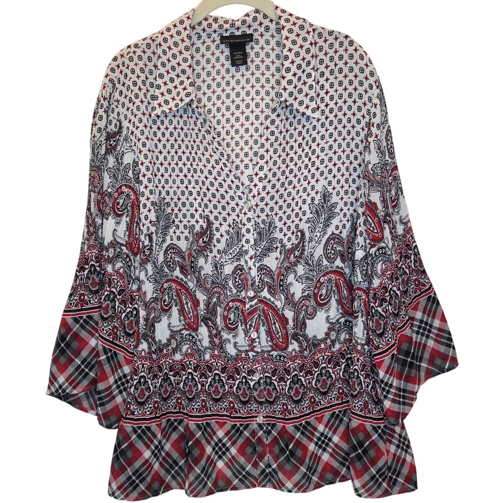 Lane Bryant Red Black Paisley Plaid Mixed Print Button Down Blouse Plus 22/24